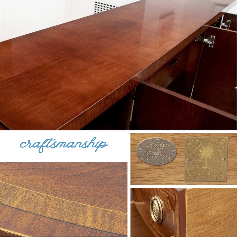 Examples of Baker Furniture craftsmanship include beautiful solid wood and veneer finishes, tight inlay work, and expert joinery.